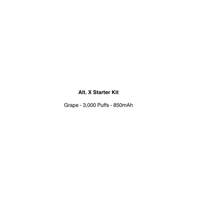 Text on a white background describing an Alt. X Starter Kit with grape flavor, 3,000 puffs, and 850mAh battery.