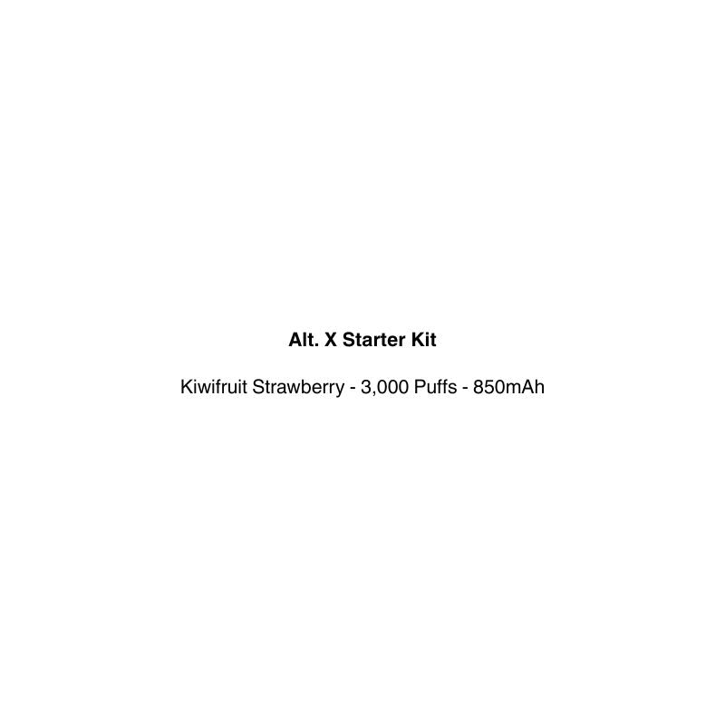 Text description of an Alt. X Starter Kit for Kiwifruit Strawberry flavor on a white background. Get free shipping within new zealand