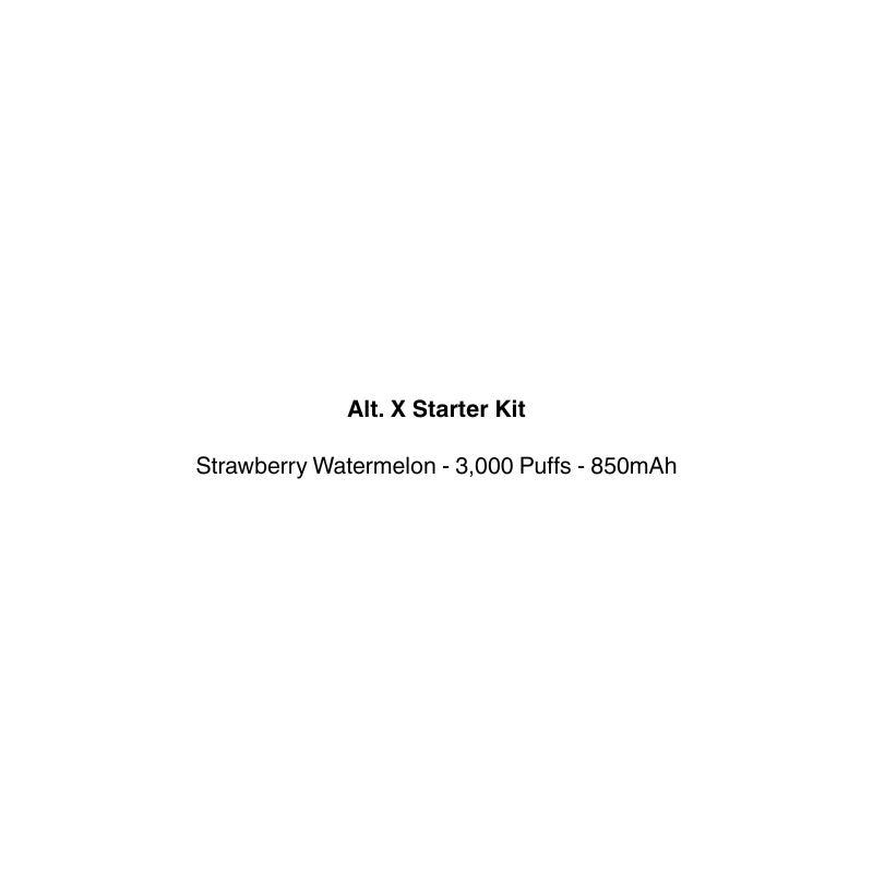 Text on a white background describing an Alt. X Starter Kit with strawberry watermelon flavor, 3,000 puffs, and 850mAh battery.