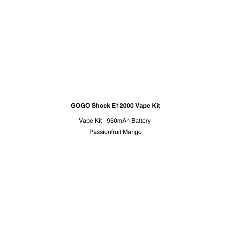 Product label for GOGO Shock E12000 Vape Kit with passionfruit mango flavor available on vapecloud vape shop pakuranga
