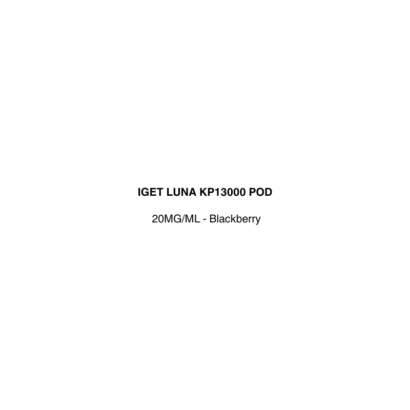 Product label for IGET LUNA KP13000 POD with specifications on a white background available in vapecloud vape shop pakuranga