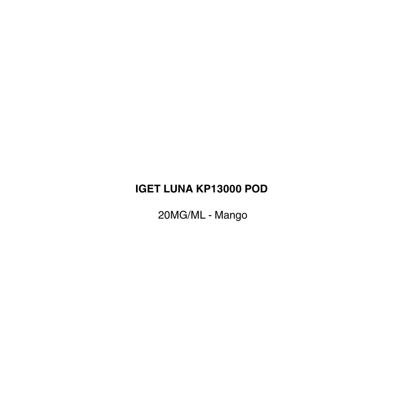 Product label for IGET LUNA KP13000 POD with specifications on a white background available in vapecloud vape shop pakuranga