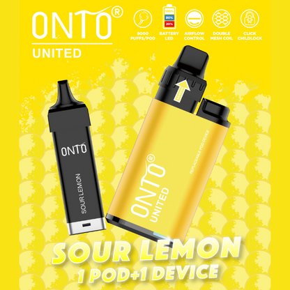 a yellow pod device of onto united vape sour lemon flavor
