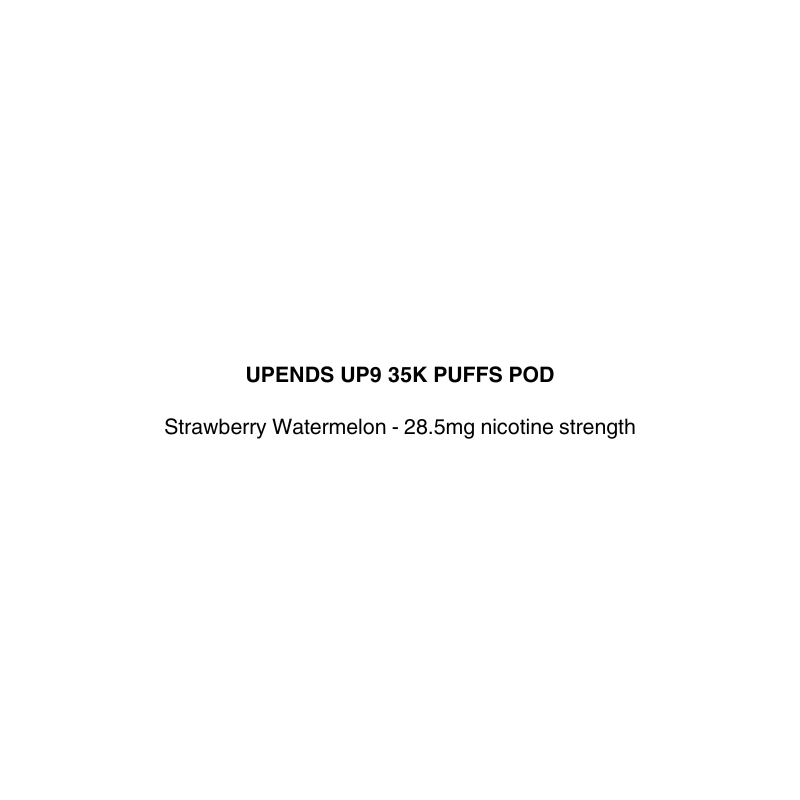 Text label for UP9 35K Puffs Pod with strawberry watermelon flavor and nicotine strength information on a white background