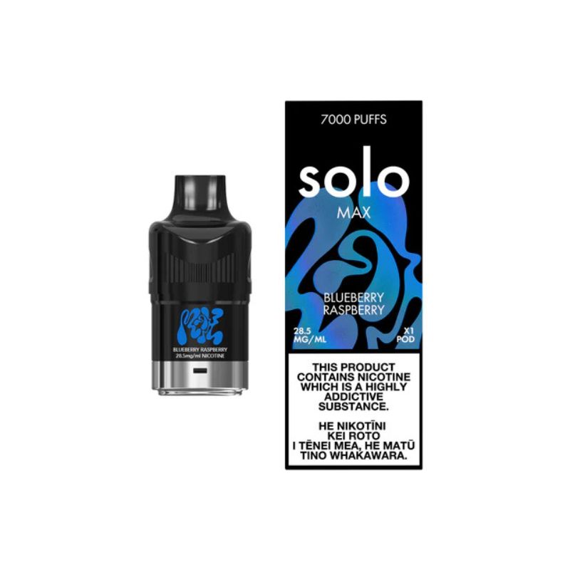 a box of solo max replacement pod blueberry raspberry flavor