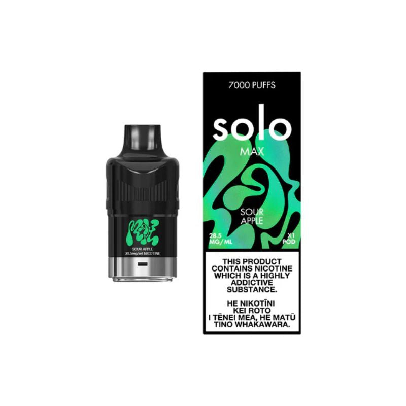 a box of solo max replacement pod sour apple