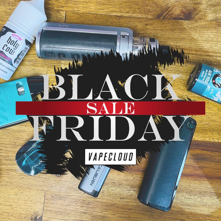 a black friday sale picture with vape devices and eliquids