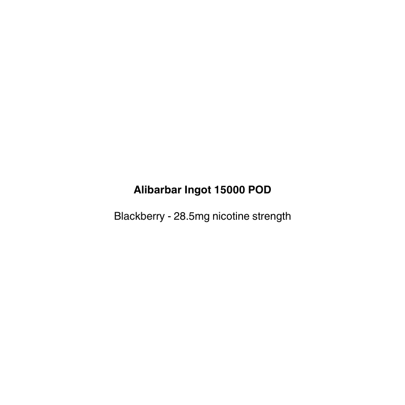Product label for Alibabar Ingot 15000 POD with blackberry flavor and nicotine strength on a white background