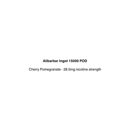 Text on a white background indicating 'Alibabar Ingot 15000 POD' with cherry pomegranate flavor and nicotine strength.
