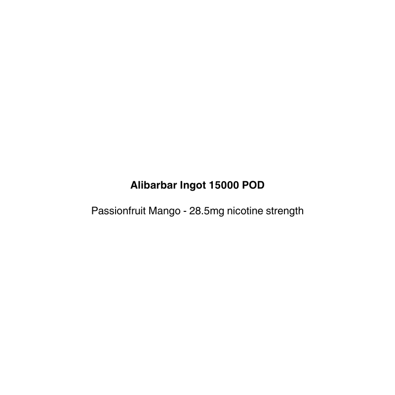 Product label for Alibarbar Ingot 15000 POD with passionfruit mango flavor and nicotine strength information on a white background.