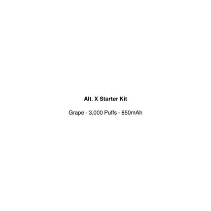 Text on a white background describing an Alt. X Starter Kit with grape flavor, 3,000 puffs, and 850mAh battery.