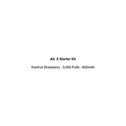 Text description of an Alt. X Starter Kit for Kiwifruit Strawberry flavor on a white background. Get free shipping within new zealand