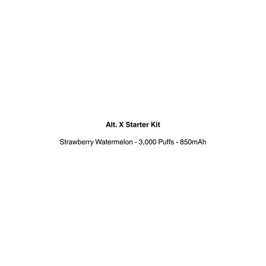 Text on a white background describing an Alt. X Starter Kit with strawberry watermelon flavor, 3,000 puffs, and 850mAh battery.