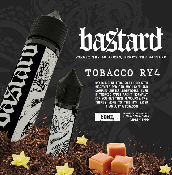 two bottles of bastard e-liquid tobacco RY4 flavor
