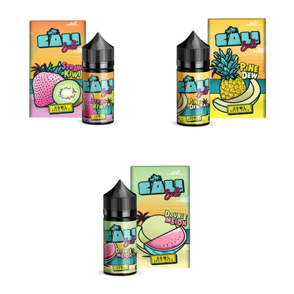 Three bottles and boxes of vape juices with different flavours and with various fruits printed on them