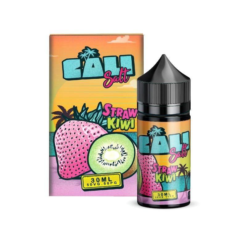 A box and a bottle of vape juice with kiwi and strawberry printed on them