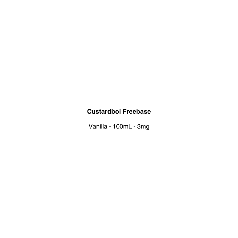 Product label for Custardboi Freebase Vanilla with volume and weight information on a white background.