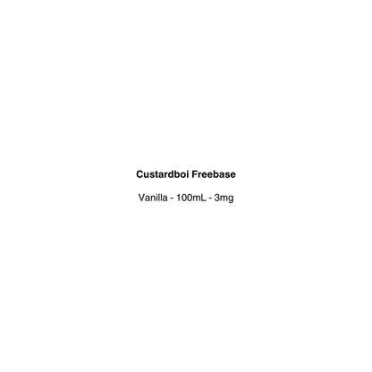 Product label for Custardboi Freebase Vanilla with volume and weight information on a white background.