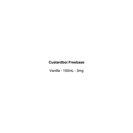 Product label for Custardboi Freebase Vanilla with volume and weight information on a white background.