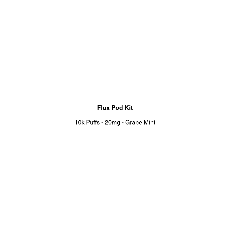 A plain white square with centered black text reading 'Flux Pod Kit' and '10k Puffs - 20mg - Grape Mint'.