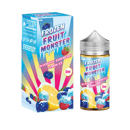 Blue box and bottle of Frozen fruit monster e-liquid blueberry flavour
