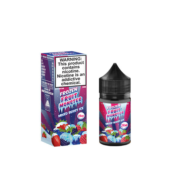 A purple box and a bottle of Frozen Fruit Monster Mixed berry Ice flavour