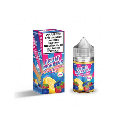 A box and a bottle of fruit monster vape juice with blueberry flavour