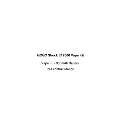 Product label for GOGO Shock E12000 Vape Kit with passionfruit mango flavor available on vapecloud vape shop pakuranga