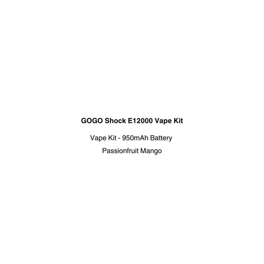Product label for GOGO Shock E12000 Vape Kit with passionfruit mango flavor available on vapecloud vape shop pakuranga