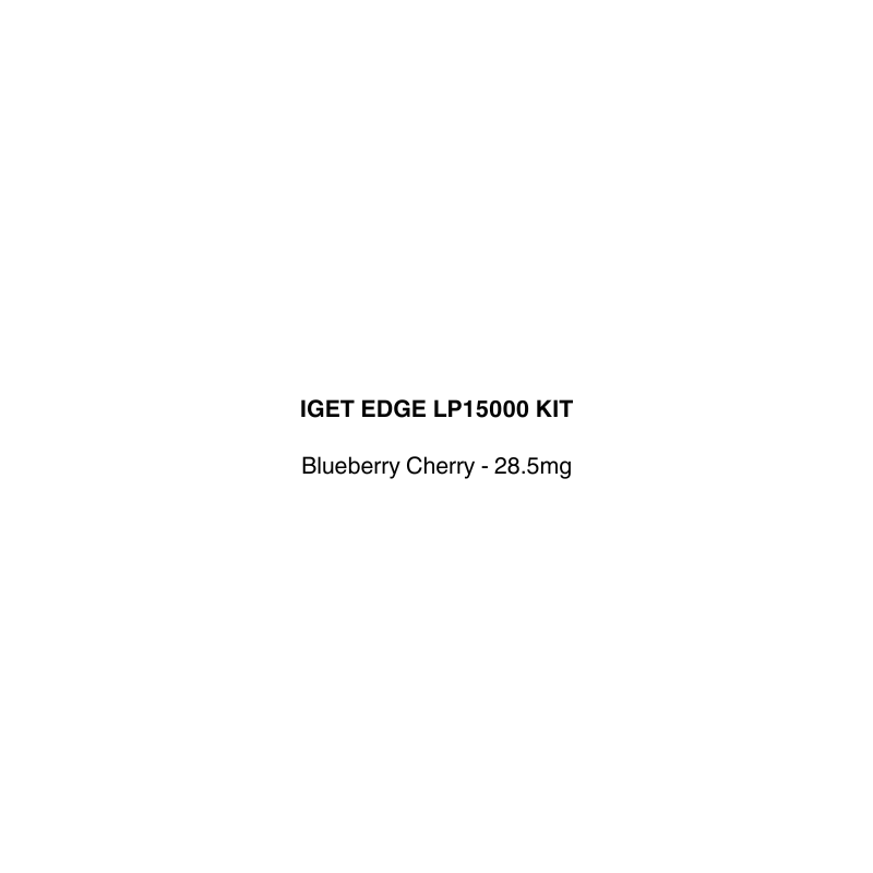 Text label for IGET EDGE LP15000 KIT with blueberry cherry flavor and nicotine strength on a white background