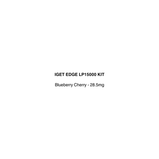 Text label for IGET EDGE LP15000 KIT with blueberry cherry flavor and nicotine strength on a white background