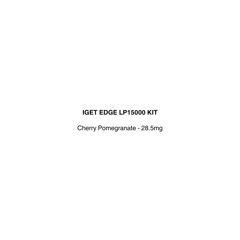 Text label for IGET EDGE LP15000 KIT with cherry pomegranate flavor and nicotine strength on a white background