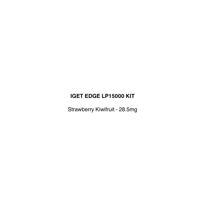 Text label for IGET EDGE LP15000 KIT with strawberry kiwifruit flavor and nicotine strength on a white background