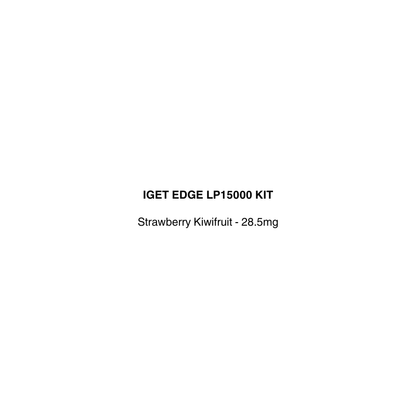 Text label for IGET EDGE LP15000 KIT with strawberry kiwifruit flavor and nicotine strength on a white background
