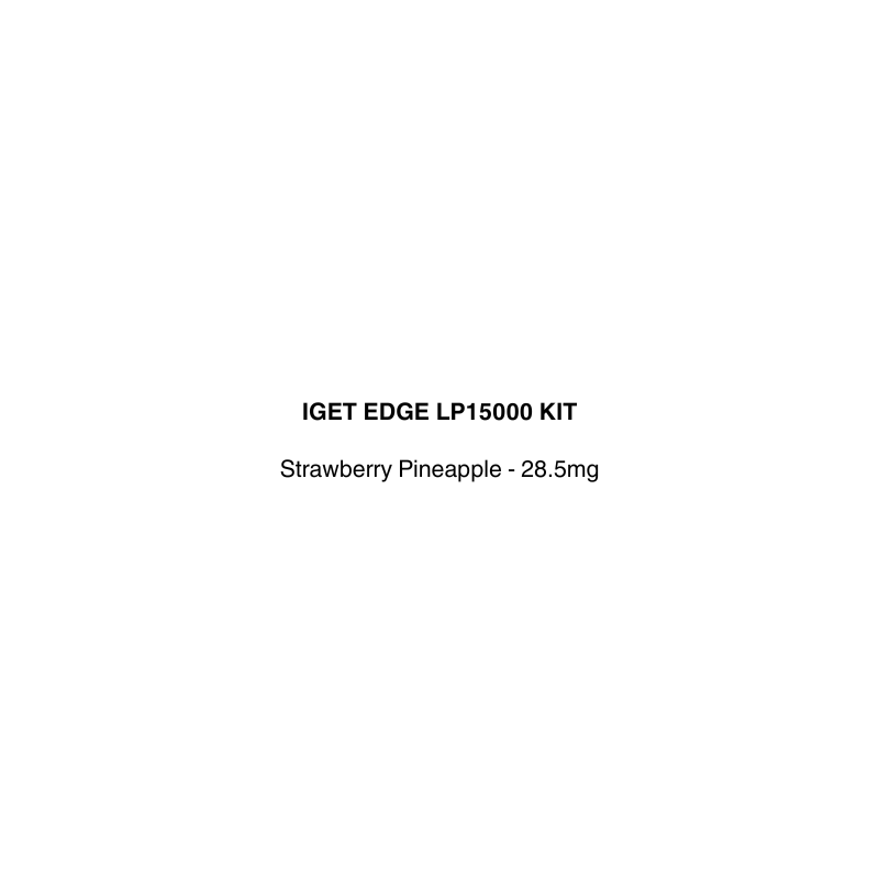 Text label for IGET EDGE LP15000 KIT with strawberry pineapple flavor and nicotine strength on a white background