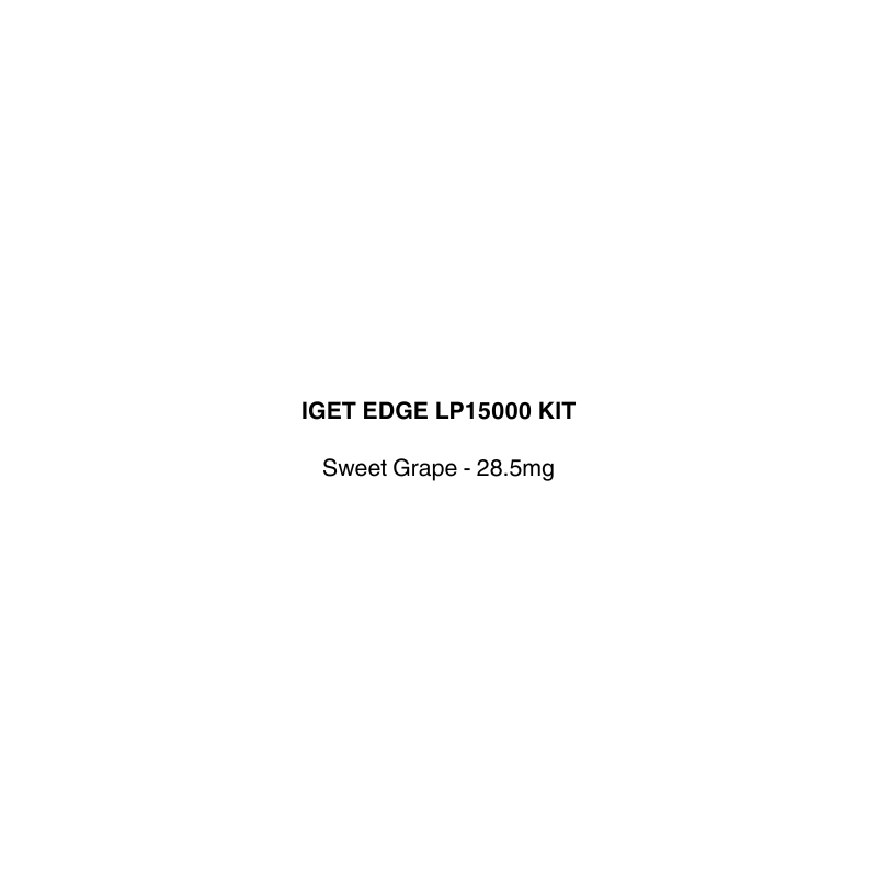 Text label for IGET EDGE LP15000 KIT with sweet grape flavor and nicotine strength on a white background