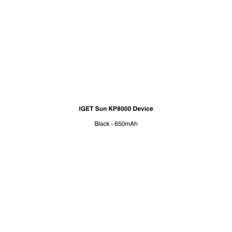 Text on a white background indicating 'IGET Sun KP8000 Device Black - 650mAh'. Buy now at vapecloudnz