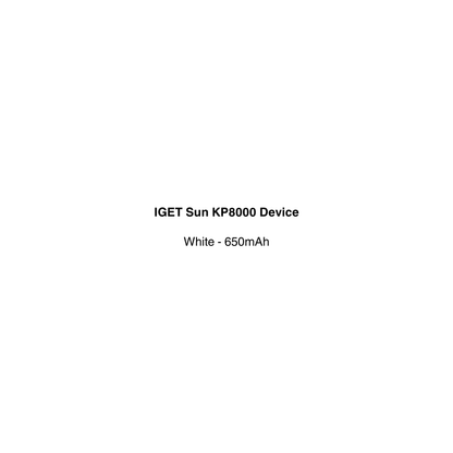 Text on a white background indicating 'IGET Sun KP8000 Device' and 'White - 650mAh'.