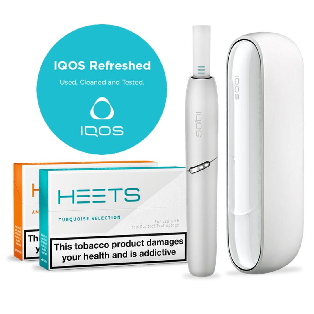 two boxes of heets and a white iqos duo refreshed starter kit