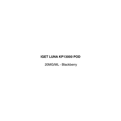 Product label for IGET LUNA KP13000 POD with specifications on a white background available in vapecloud vape shop pakuranga
