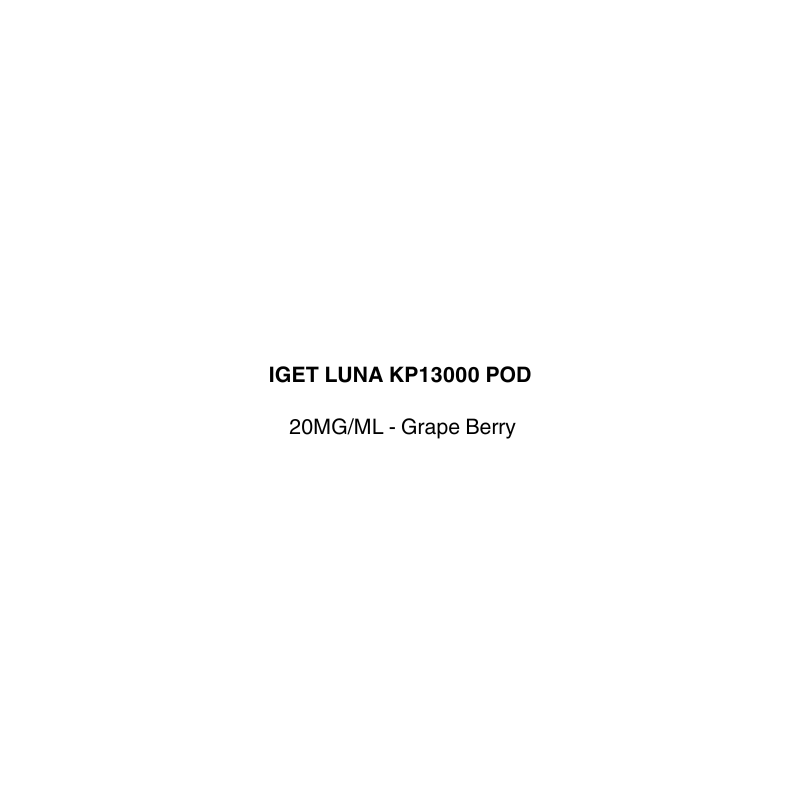 Product label for IGET LUNA KP13000 POD with specifications on a white background available in vapecloud vape shop pakuranga