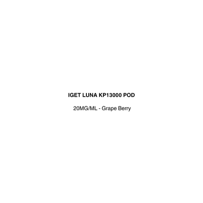 Product label for IGET LUNA KP13000 POD with specifications on a white background available in vapecloud vape shop pakuranga
