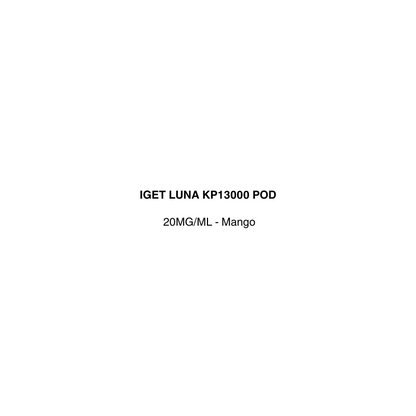 Product label for IGET LUNA KP13000 POD with specifications on a white background available in vapecloud vape shop pakuranga