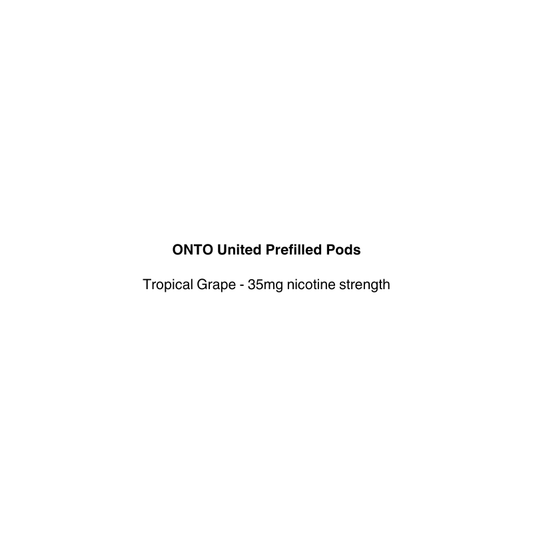Text on a white background indicating 'ONTO United Prefilled Pods Tropical Grape - 35mg nicotine strength'.