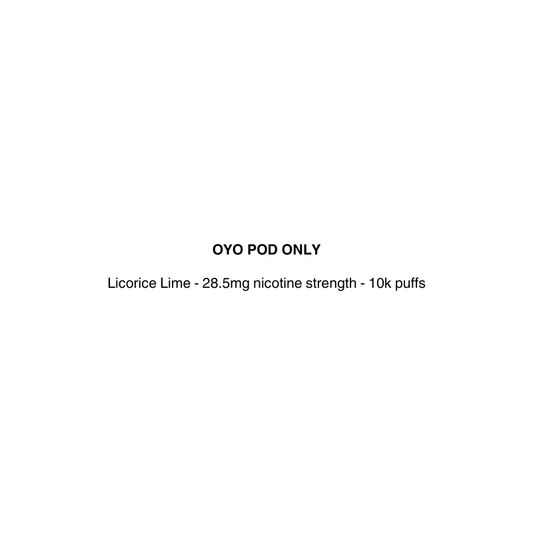 Text on a white background indicating 'OYO POD ONLY' with licorice lime flavor