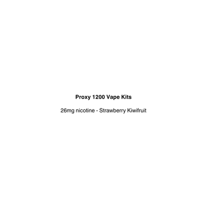 Text on a white background indicating 'Proxy 1200 Vape Kits' with nicotine and flavor details.
