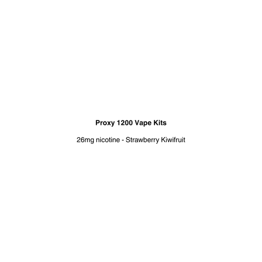 Text on a white background indicating 'Proxy 1200 Vape Kits' with nicotine and flavor details.