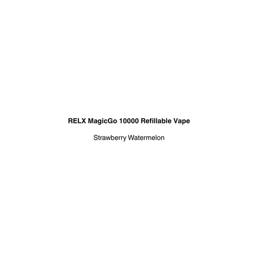 Product label for RELX MagicGo 10000 Refillable Vape Strawberry Watermelon on a white background