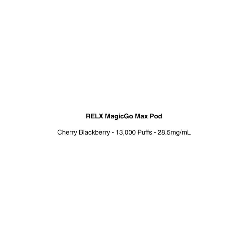 Product label for RELX MagicGo Max Pod with specifications on a white background