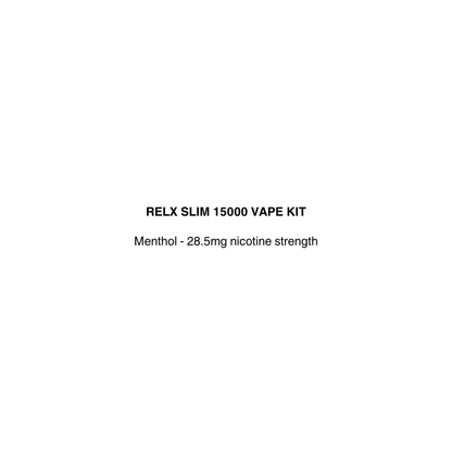 Text on a white background indicating 'RELX SLIM 15000 VAPE KIT' with nicotine strength details.